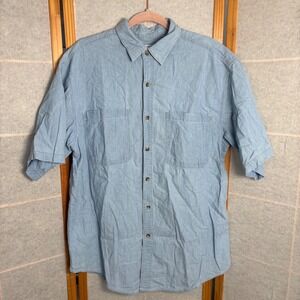 Basic Editions Mens Light Wash Blue Denim Short Sleeve Button Up Shirt Large VTG